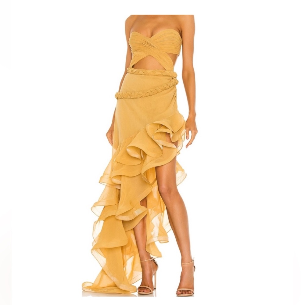 Bronx and Banco Mustard Yellow Asymmetric Ruffle Strapless Dress - Picture 3 of 7